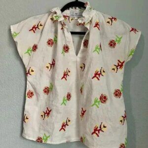 Never A Wallflower White Ruffled Popped Collar Floral Embroidered Shirt- XS/S